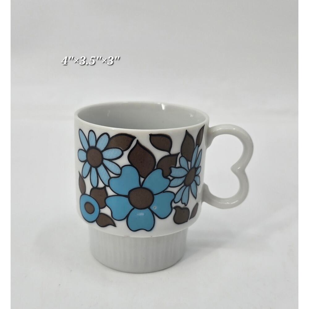 Vintage 1970s Retro Floral Mug‎ – Blue & Brown Mod Flower Print